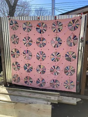 Vintage Handmade Quilted Feed Sack 1950s Dresden Plate Quilt 83x80 Dated 1950 • $110