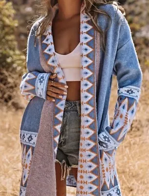 New Cozy Native Aztec Boho Cardigan Sweater Coat Blue Size MEDIUM • $39.99