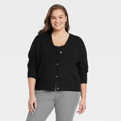 NEW Women's Button-Front Fine Gauge Ribbed Cardigan - A New Day Black Size 1X • $9.97