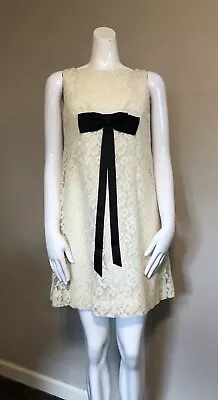 Vintage Ivory Lace A-Line Dress With Black Satin Bow Detail - Size S • $150