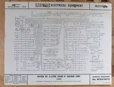 Original LUCAS Rover P5 3 Litre Mk 11 Wiring Diagram 1963  W05494493 • £7.25