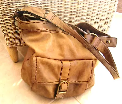 M & S Autograph Aged Tan Brown Hide Distressed Leather Large Hobo Scoop Bag • £15