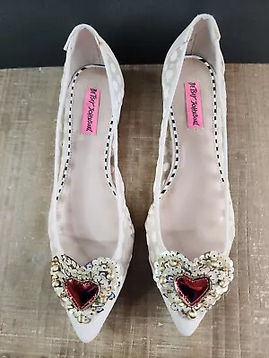$30 • Buy Betsey Johnson Phoebe Sequin Heart Mesh Dot Pointed Toe Flats Ballet Beige 7.5