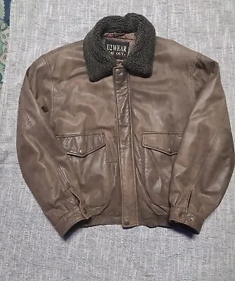  Vintage U2 Wear Me Out Mens Brown Leather Bomber Jacket Size L Faux Fur Collar • $42.85