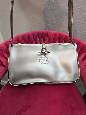 RARE LONGCHAMP Silver Leather Shoulder Bag Shiny Silver Hardware • $55