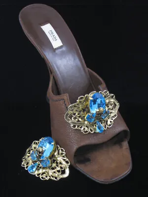 Vtg MUSI OOAK Designer Assemblage Skull Crossbone Aqua Rhinestone SHOE CLIPS  • $39.95