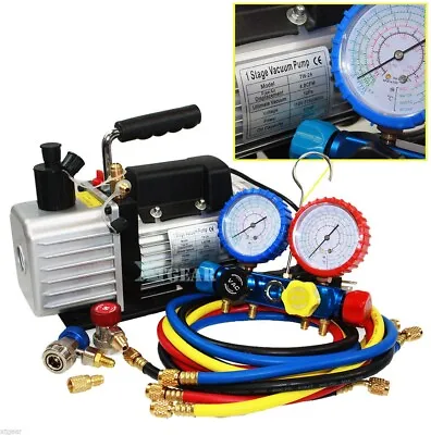 5CFM Vacuum Pump & 4 Way Manifold Gauge R410A Home Car HVAC AC Refrigerant Tool • $189.99