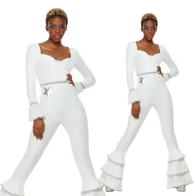 70s Deluxe Glam Costume Ladies Disco Dancing Fever Catsuit Fancy Dress Outfit • £47.99