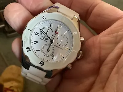 Michele Tahitian Chronograph Womens Watch White Authentic Chip In Glass It Runs • $30