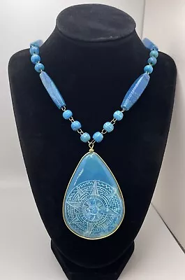 Vintage Blue Dyed Agate Etched Sun W Compass Pendant 23” Necklace • $14.99