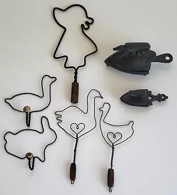 Lot Of Primitive Miniatures Swan Sad Iron Trivet  Wire Rug Beaters Wall Hooks • $40