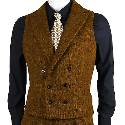 Men Western Vest Double-Breasted Vintage Tweed Wool Blend Waistcoat Large XL XXL • $29.66