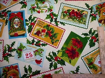 Christmas Fabric 1 Yard Vintage Cards Holly On Cream Premium Cotton #13 Vtg C • $9.49