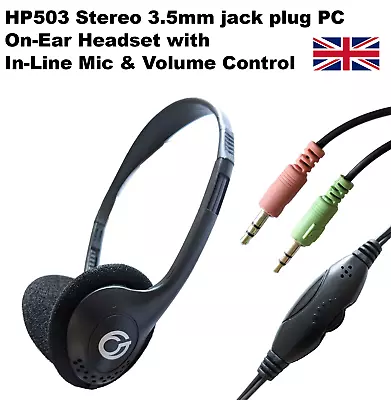 UK On-Ear Headset With In-Line Mic & Volume Control - 3.5mm Jack Plug For PC • £6.35