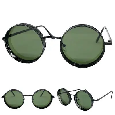 Mens Classic Cyber Biker Retro Steampunk SUNGLASSES Round Black Frame Green Lens • $14.99