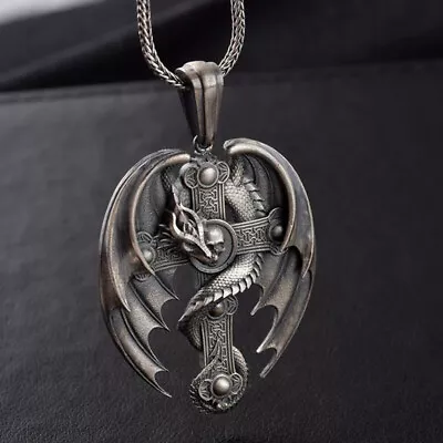 Mens Winged Dragon Skull Cross Pendant Necklace Gothic Punk Jewelry Chain 24  • $11.19