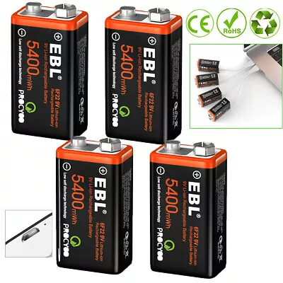 9V 9 Volt Li-ion USB Rechargeable Batteries 5400mWh Lithium Ion Battery Pack Lot • $9.99