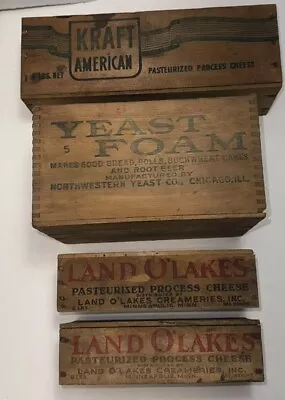 4 Vintage Wood Crates Boxes Kraft Cheese Yeast Foam And Land O’Lakes American • $45