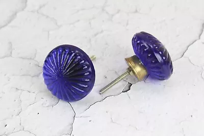 Vintage Victorian Glass Door Knob Set - Thick Cobalt Blue Glass Brass Fittings • $49