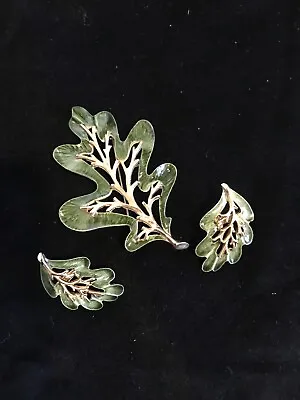 Vintage Sarah Coventry Pin Brooch Earrings Set Oak Leaf Green Enamel Gold Tone • $12