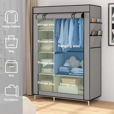 Practical Fabric Canvas Wardrobe Hanging Rail Shelving Clothes Storage Cupboard • £18.39