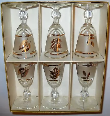 MCM Libbey Hostess Glassware 6 Cordial Glasses Gold Leaves 8990 Golden Foliage • $24