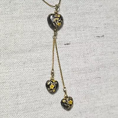 Vintage 12k Gold GF Cloisonne Black Puffy Heart Lariat Y-drop Necklace • $49