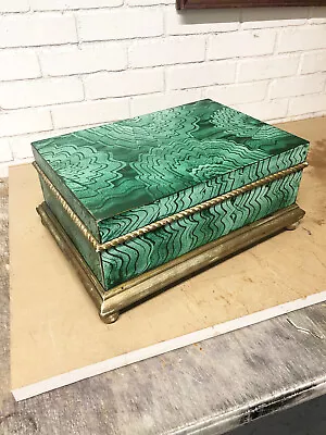 Faux Malachite Painted Wood Box Gold Trim • $275