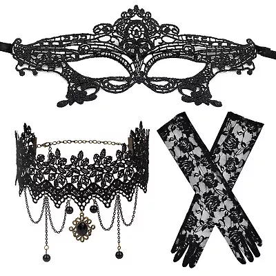 3Pcs Gothic Black Lace Eye Mask Choker Gloves Set Masquerade Costume Party Prom • $12.99