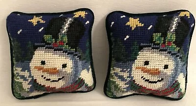 2 Vintage Christmas Needlepoint Snowman Pillows Velvet Back Ornaments 5 X 5 • $19.99