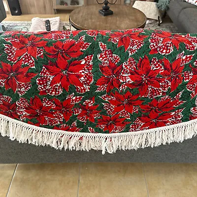 Vintage Christmas Round Poinsettia Tablecloth Red Green Cotton With Fringe 70” • $14.50