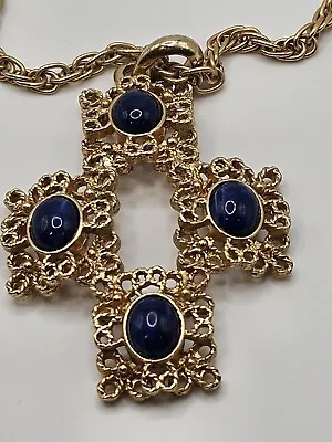 Sarah Coventry Maltese Cross Pendant Chain Necklace Blue Cabochon Granny Mother • $27