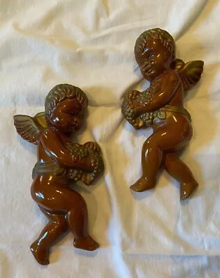 2 Charming Vintage Redware Angel Cherub Wall Pockets Marked Japan • $21.60