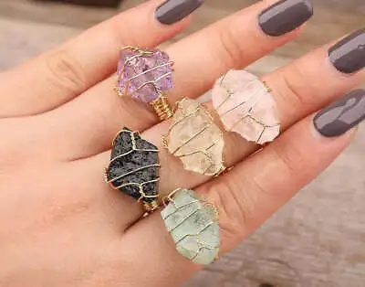 Natural Raw Stone Crystal Wrap Ring Gold Plated Copper Size 8 Adjustable • $11.90