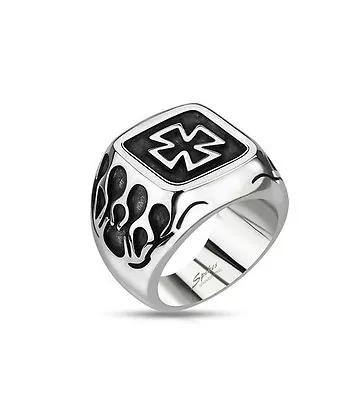 Maltese Iron Cross Flames Silver Black Stainless Steel Fashion Ring Sizes 9-14 • $14