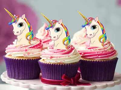 $11.95 • Buy 24 Stand Up Mini  Rainbow Unicorn Gold Horn Edible Cupcake Cake Images Toppers