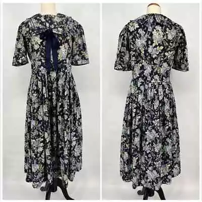 Vintage Laura Ashley Sailor Collar Prairie Dress US 10 Blue Floral Puff Sleeves • $98