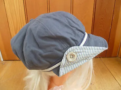 £10.99 • Buy Monsoon Accessorize Grey Blue Ticking Turn Up Peaked Hat Cap Baker Boy Vintage