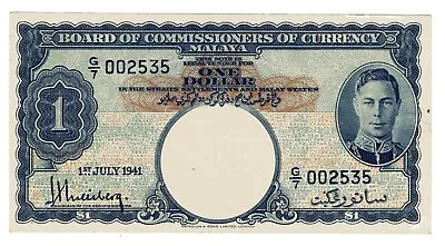 MALAYA P-11 1 Dollar 1941 WWII British Malaya King George Nice Grade LOW SERIE • $70