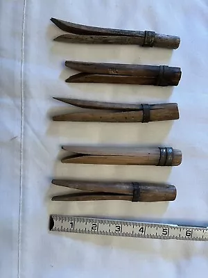 5 Primitive/antique Wooden Clothes Pins With Metal Bands • $9.95