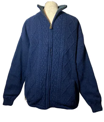 NAVY ARAN SWEATER Woolen Mills Wool Cable Knit Irish Fisherman Full Zip Jacket L • $75