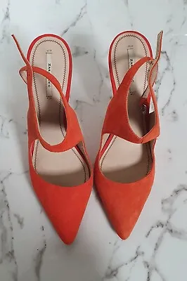 ZARA Stiletto Court Shoes 4” Heels Pointed Toe Slingback Orange Suede Size 6 • £30