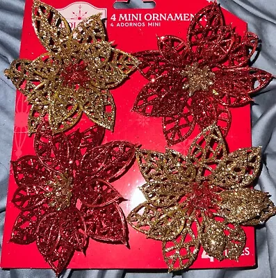 Poinsettia Mini Clip On Christmas Ornaments Set Of 8 - Red & Gold Holiday Time • $12.95