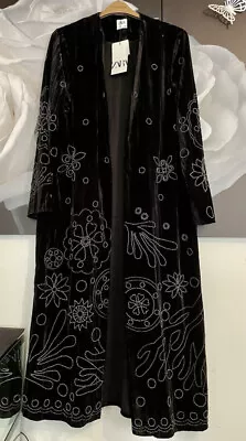 Zara Black Embroidered Beaded Kimono Coat Velvet Size: S • $129