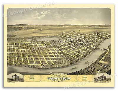 Bird's Eye View 1869 Saint Cloud Minnesota Vintage Style City Map - 18x24 • $13.95