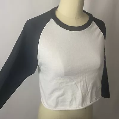 Black Cropped Vintage Style Cut Off Baseball 3/4 Sleeve T Shirt Small Medium • $15