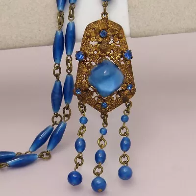 Vtg 1930s Art Deco Czech Flower Blue Glass Dangle Pendant Necklace  • $195