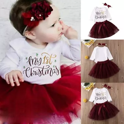 Infant Baby Girls Christmas Santa Romper Tops Jumpsuit Dress Headband Outfit Set • £7.19