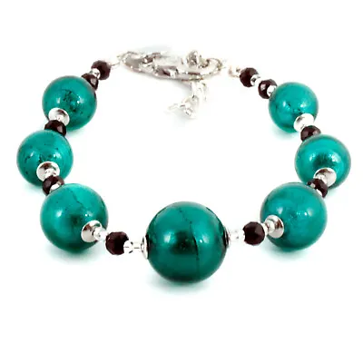 Murano Glass Art Necklace Bracelet Green Silver Black Beads Individual Or Set  • £17.95