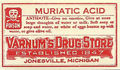 Vintage Pharmacy Label MURIATIC ACID POISON Skull And Bones Varnum's Drug Store • $48.63